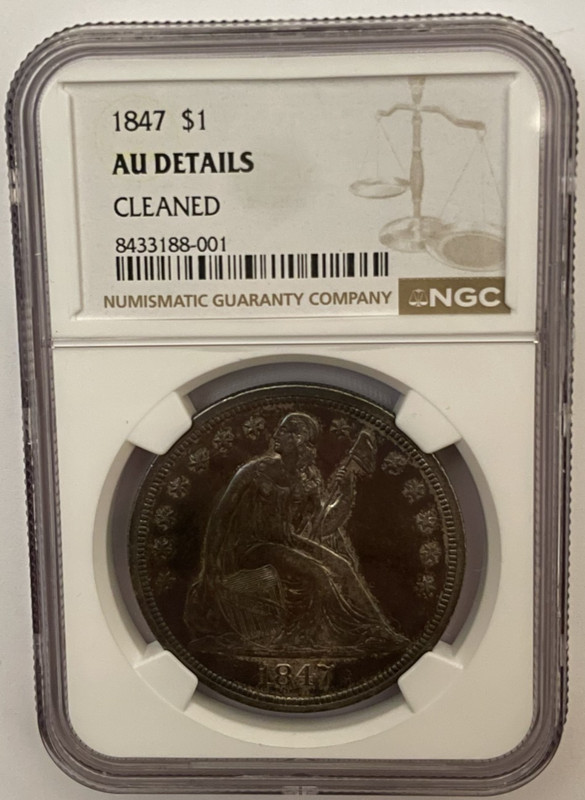  1847 Seated Liberty Dollar Silver NGC Graded AU Details Cleaned