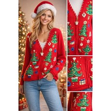 Vintage 90s Ugly Christmas Sweater Cardigan Women M Red Embellished Zip