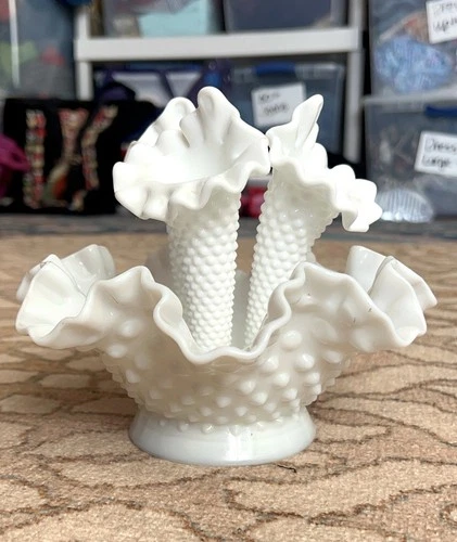 FENTON Vintage White Milk Glass Hobnail Ruffle Edge Epergne 3 Horn Vase Bowl