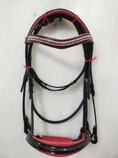 Beautiful Patent Dressage Leather Bridle 3 Row Brow-band With Red Padding.