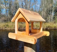 Large Cedar wood Post Mount arched fly through platform bird or squirrel feeder