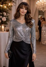 Stem & Vine Silver Foil Cold Shoulder V-Neck Gathered Women's Top Size Small