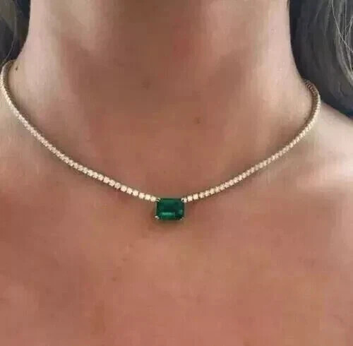 Lab-Created Emerald Diamond Tennis Choker in 14K White Gold Plated 16 Inch