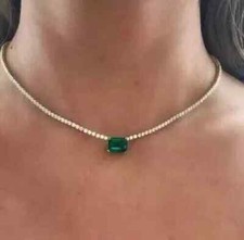 Lab-Created Emerald  Diamond Tennis Choker Necklace 14K White Gold Plated 16"