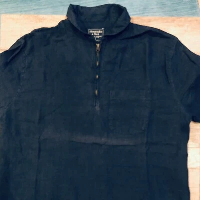 Abercrombie Fitch Chemise manches longues unie bleue marine à zip en lin size S - Photo 1/4