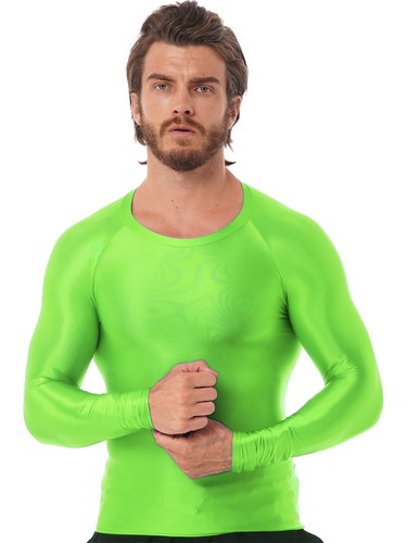 US Men's T-Shirt Glossy Shiny Oil Long-Sleeve Base-Layer Running Sports Slim Top - Picture 101 of 111