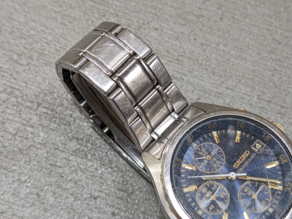 SEIKO V657-7100 Chronograph Steel Blue Wristwatch Vintage 100M
