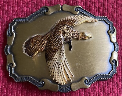 FLYING TURKEY WILD BIRD PHEASANT VINTAGE RAINTREE BELT BUCKLE HUNTING 1977