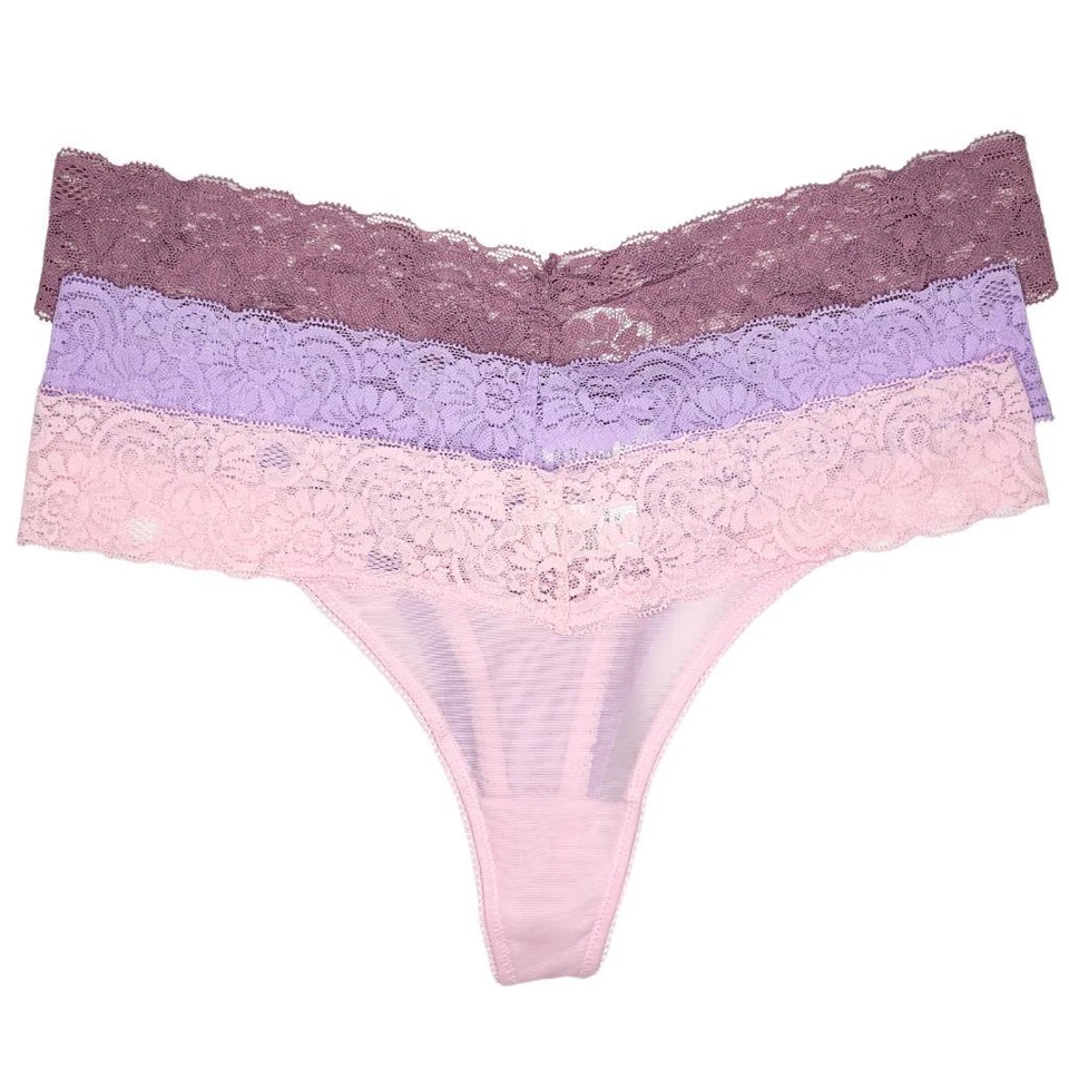 Paquete de 3 tanga de encaje de malla forrada entrepierna floral transparente rosa púrpura palo de rosa 2201 Foto 2 de 4