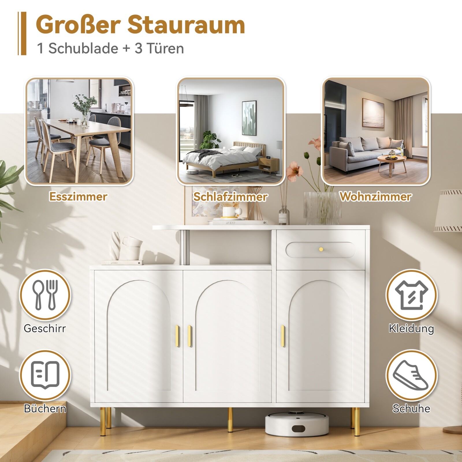 Kommode Sideboard Schuhschrank mit Golden Metallgriffen, 1 Schublade und 3 Türen
