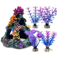 Aquarium Colorful Coral Reef Decoration Set Coral Mountain x 1 Plants x 4