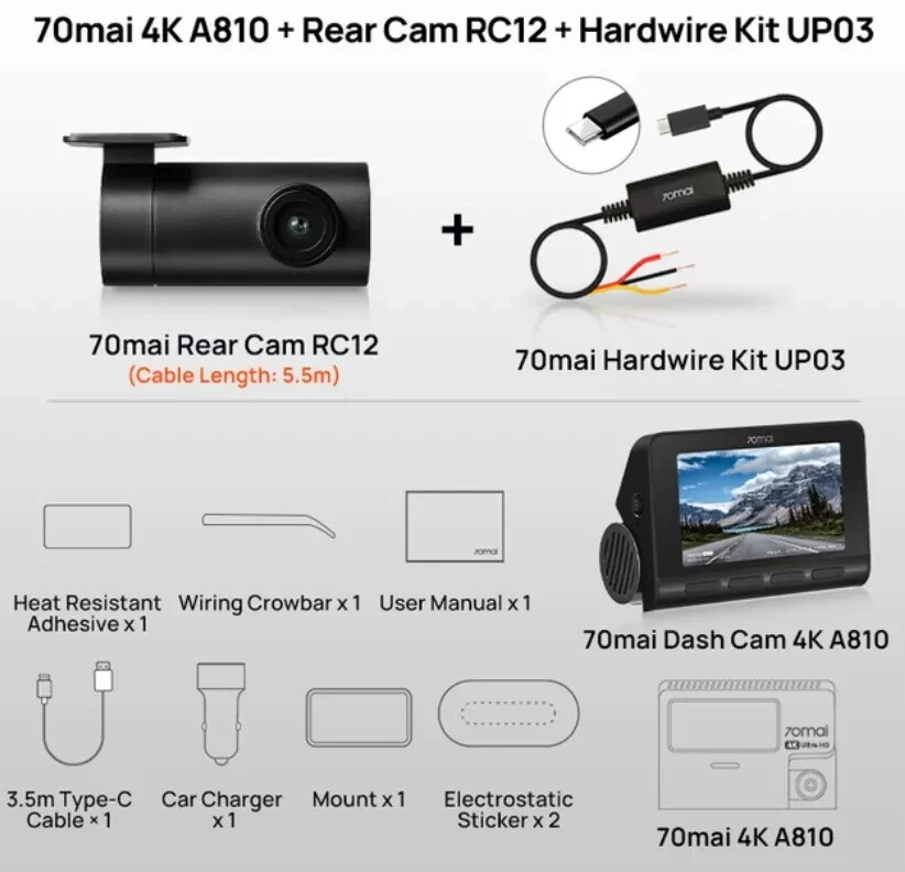 70mai A810 4K Dash Cam Set Front + Rear + 256GB + CPL + HW Kit