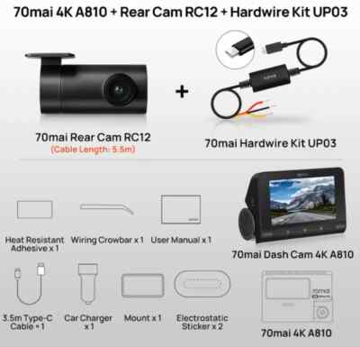 70mai A810 4K Dash Cam Set Front + Rear + 256GB + CPL + HW Kit