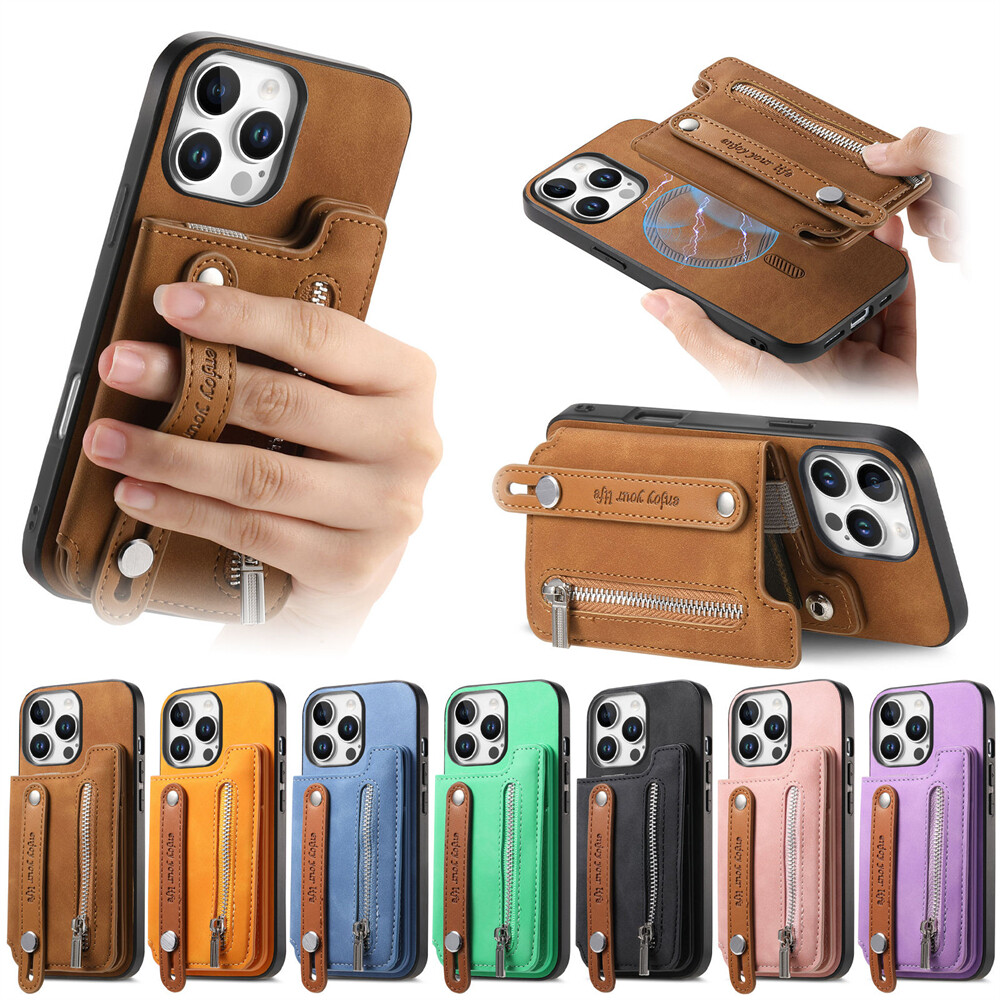 Magnetic Leather Card Slot Zip Phone Case for iPhone 16 Pro Max 15 XR 8 7