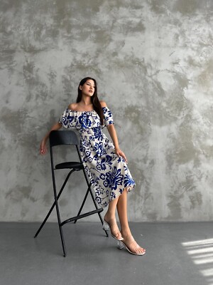 Embroidered Gipel Blue Linen Dress
