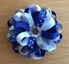 Blue, Gray  White Loopy Flower Hair Bow, Polka Dots, 3 1/2 inch Round Silver