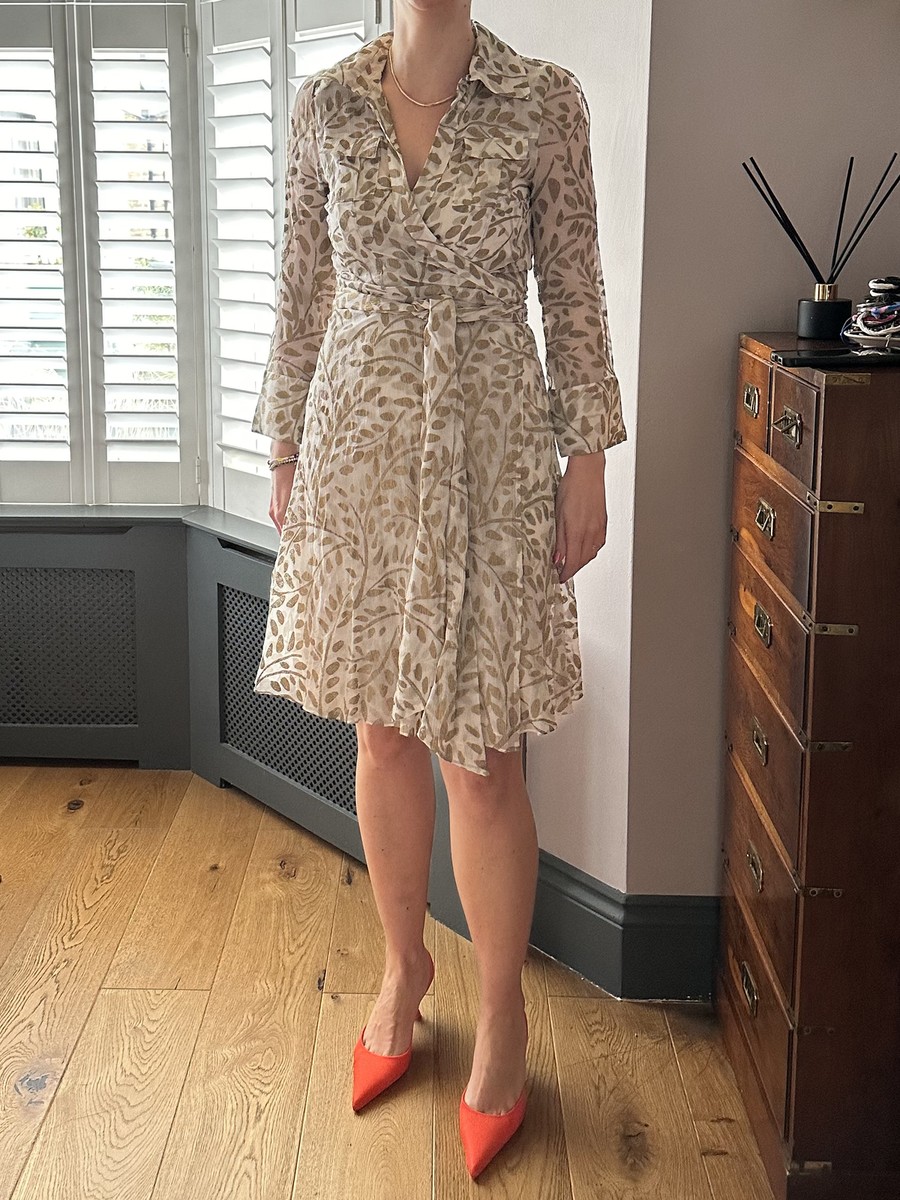 Diane von Furstenberg 100% Silk Gold Wrap Dress UK 10/12