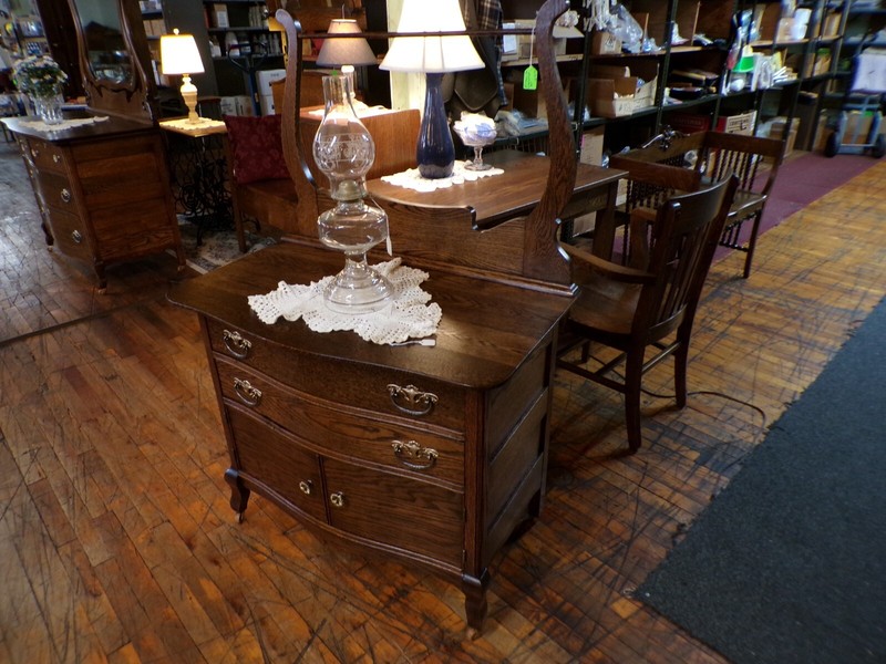 Antique Oak Washstand with towel Bar 36" refinished 1900's 2 drawers 2 doors