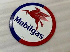 12in MOBIL GASOLINE MOBILOIL MOBILGAS PORCELAIN ENAMEL SIGN OIL GAS PUMP PLATE
