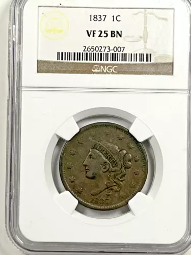1837 Coronet Head Large Cent : NGC VF25