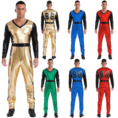 Men Jumpsuit Metallic Rompers Showman Bodysuit Zentail V Neck