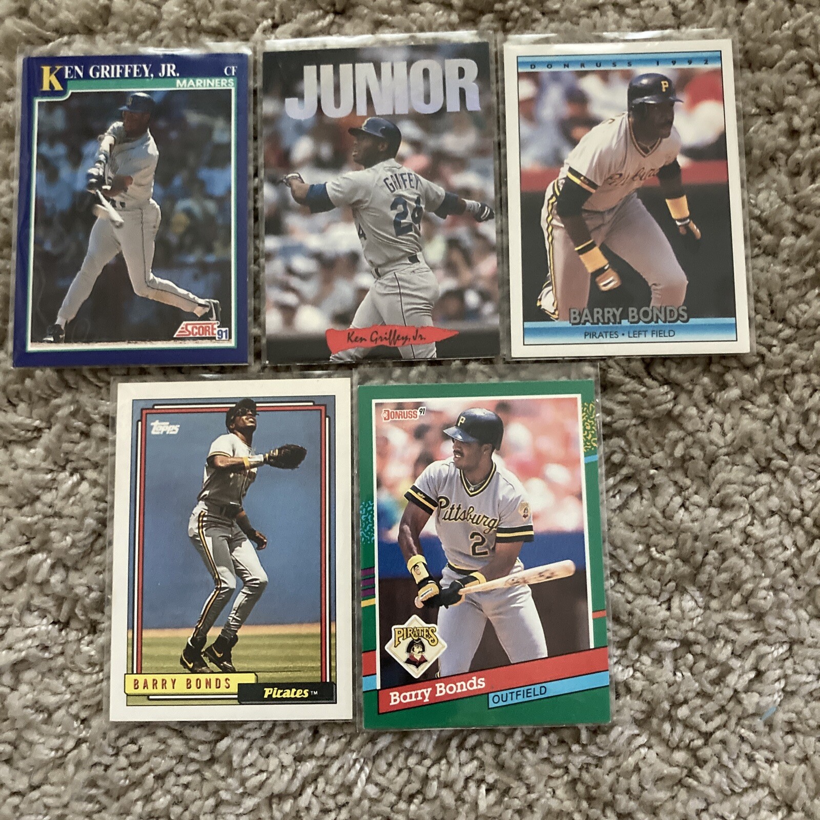 Vintage 1991-1993 Ken Griffey Jr & Barry Bonds 5-Card Lot - Donruss No Dot Error-image