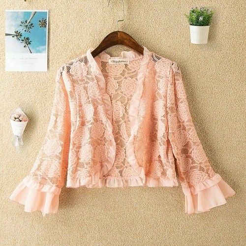 Lace Chiffon Sheer Short Cardigan Coats Jackets Sun Protection Beach Summer Pink - Picture 5 of 15