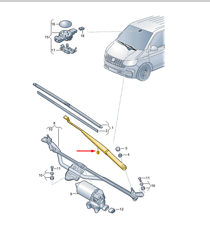 VW TRANSPORTER T6 Front Aero Wiper Arm RHD 7E2955409D NEW GENUINE 