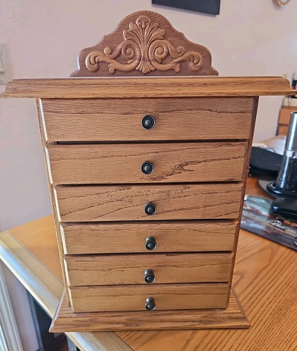 6 Drawer Oak Jewelry Chest Felt Linned With Jewlery Included