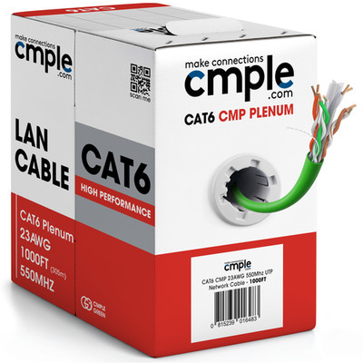 Cat6 Plenum Bulk Ethernet Network Cable 1000ft CMP Solid 23AWG UTP Green