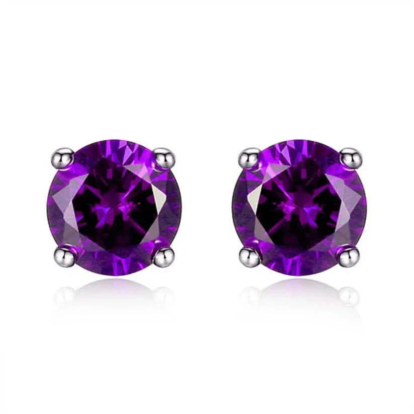 925 Sterling Silver 6mm Round-Cut Amethyst Stud Earrings