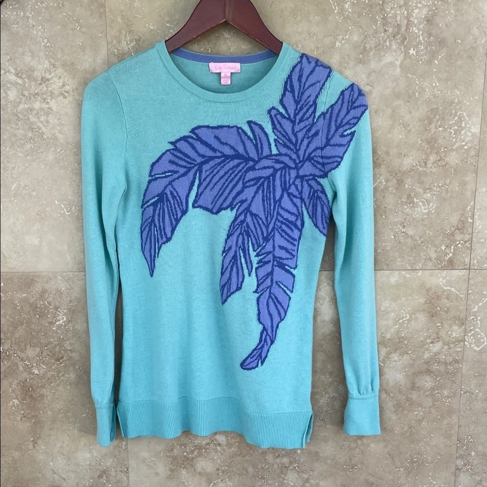 Suéter Lilly Pulitzer Azul Verde Mezcla Lana Hoja de Palma Tejido Mujer’s Mediano Foto 2 de 4