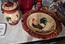 Ceramic Rooster Cookie Jar & Bowl Set, Country Style, Beige Red Green