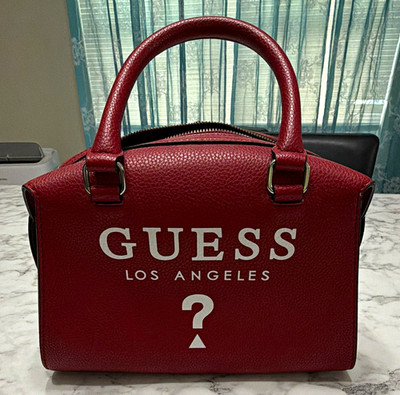 GUESS Red Satchel Top Handle Bag, Zip Closure, Logo Pattern Women s Purse