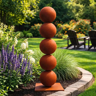 30'' Rusted Steel Stacked Sphere Sculpture Handcrafted Modern Outdoor Garden Art