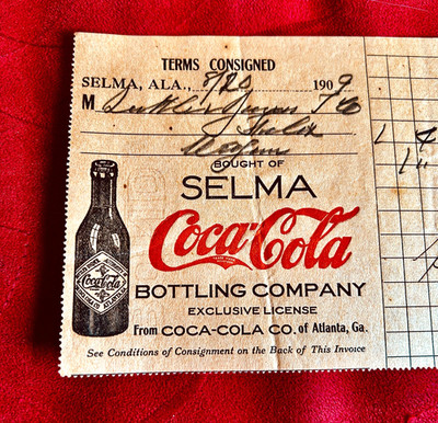 1909 Coca-Cola Bottling Co Selma AL Invoice Straight-Sided Bottle