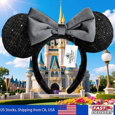 Disney-Parks Midnight Sequin Minnie Mouse Ears Headband with Gray Velvet Bow
