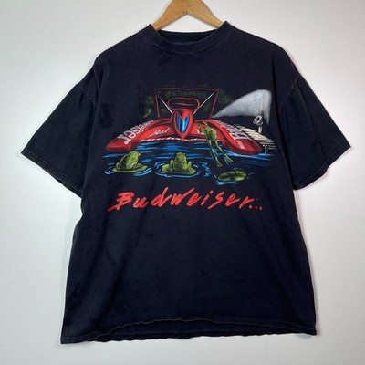 Vintage Budweiser Frogs T-Shirt Black Size XL Speed Boat Double Sided