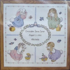 Baby Wares Bunny Cross Stitch Birth Announcement 14x14 Janlynn #136-03 USA 1992