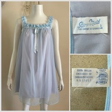 1960s Blue Lavender Nylon 2 Tone Babydoll Peignoir Negligee Lingerie Ruffle VTG