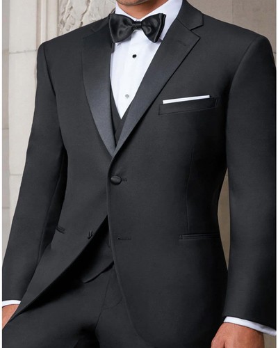 Men's Slim Fit Luxury Viscose Blend Black 2 Button Notch Lapel Tuxedo - Picture 2 of 4