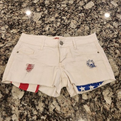 L.e.i. Junior's 5 Ashley US American Flag Print Low Rise Denim Shorts White EUC