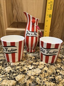 Vtg SHAFFORD Country Club By Yona Red Stripe 2  Old Fashion Tumblers & Pitcher