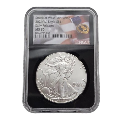2024 W Burnished American Silver Eagle 1 Oz Coin - NGC MS70 ER Purple Heart