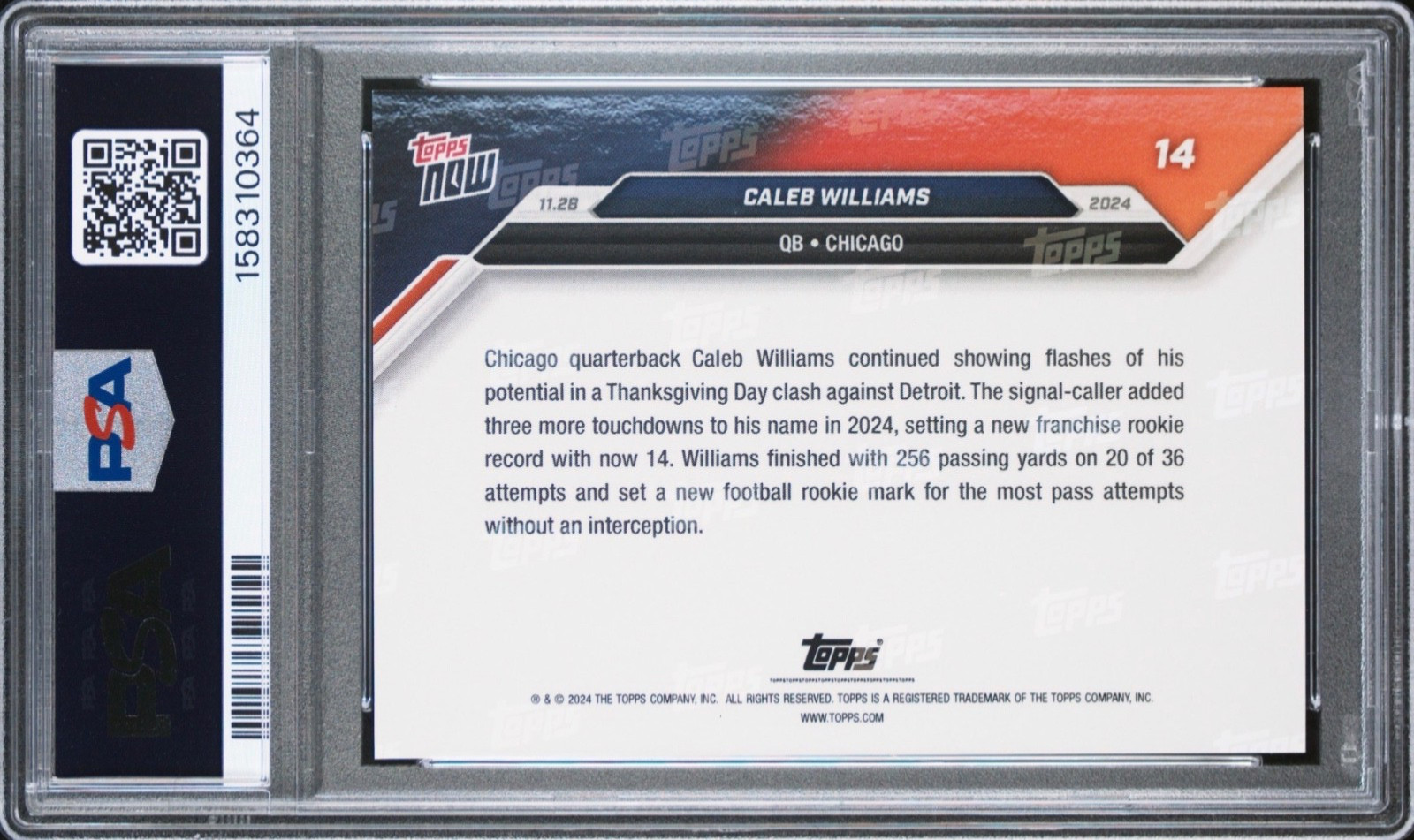 2024 Topps Now — Caleb Williams — ROOKIE — 🐻 TD Record  — 💎 MINT PSA 10 view 2