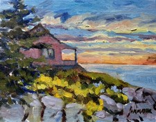 Original Monhegan Island Maine Art Oil Painting Cottage Cove 8x10 Artist Signed