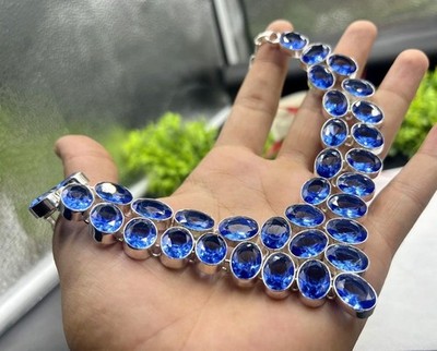 925 Sterling Silver Blue Tanzanite Gemstone Handmade Jewelry Necklace Size-18''
