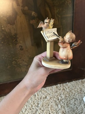 Germany Hand Painted Ceramic Angel Figurine w Birds Music Stand Mid 20th C