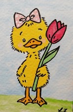 Whimsical Duck Spring ATC CARD ACEO ORIGINAL HAND PAINTED Signed OOAK