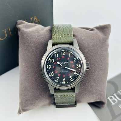 Bulova Hack 98A255 Black Dial Green Leather Strap Automatic Men's Watch 38 mm